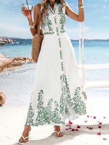 Vestido de verano con estampado floral, cuello con muesca, sin mangas y bajo con abertura - Verde - Ver 4