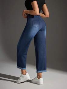 Flexra Quần jeans cạp chun kiểu dáng thường ngày, đã giặt, có dây rút - Màu xanh lam - Xem 2