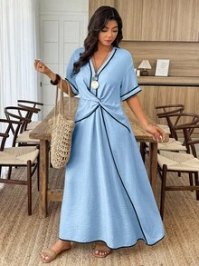 EMERY ROSE Vestido maxi de manga corta con bloqueo de color de algodón y lino color albaricoque, un vestido para mujer de talla grande adecuado para vacaciones casuales y salidas diarias en primavera y verano. - Celeste - Ver 5