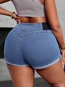 SHEIN SXY Quần short mini cỡ lớn dành cho nữ có chun co giãn - Màu xanh lam - Xem 2