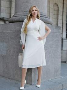 Elenary Edit Women's Elegant V-Neck Pleated Chiffon Mid-Length Dress, Suitable For Wedding Guests, Spring/Fall Prom Dress Elegant Sundress,Formal Women Dresses Long Sleeve Dress - Beige - View 5