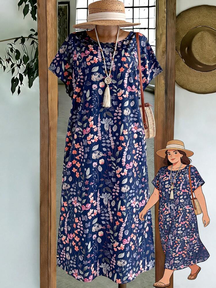 Plus Size Women's Summer Casual Vacation Floral Print Batwing Sleeve Loose Dress,Summer Outfits For Women,Country Concert Outfit ,Women's Country Clothing , Casual Dresses For Women Summer Holiday Outfits Floral Dress For Women Womens Floral Dress Navy Floral Dress Navy Dress