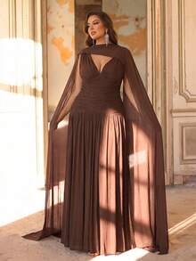 Aureia Plus Size Elegant Shiny Mesh V-Neck Ruched A-Line Dress With Detachable Neck Strap,Brown Winter Dinner Evening Luxury Gowns For Women Wedding Party - Brown - View 1