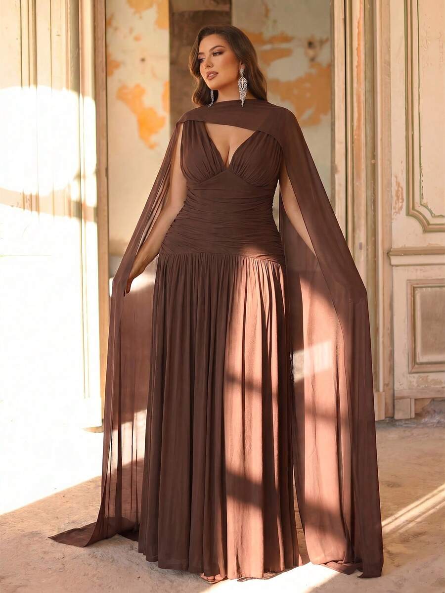 Aureia Plus Size Elegant Shiny Mesh V-Neck Ruched A-Line Dress With Detachable Neck Strap,Brown Winter Dinner Evening Luxury Gowns For Women Wedding Party - Brown - View 1