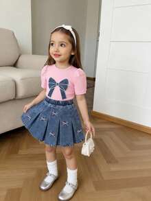 Elladie kids 两件套女童春夏套装，粉色短袖上衣+牛仔蝴蝶结半裙，泡泡袖设计，刺绣蝴蝶结装饰，百褶裙摆，甜美可爱风格，适合休闲外出和家庭活动 - 粉色 - 查看 2