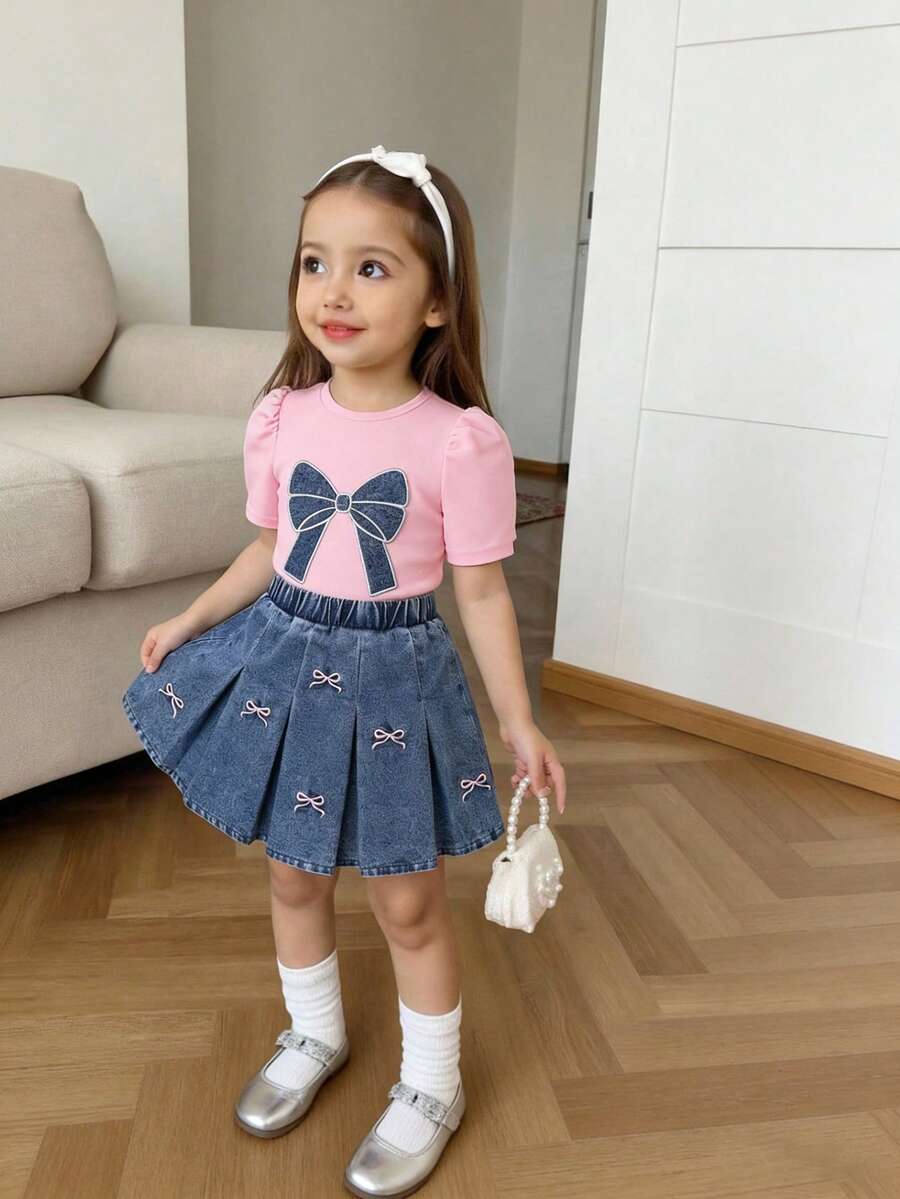 Elladie kids 两件套女童春夏套装，粉色短袖上衣+牛仔蝴蝶结半裙，泡泡袖设计，刺绣蝴蝶结装饰，百褶裙摆，甜美可爱风格，适合休闲外出和家庭活动