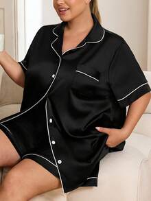 SHEIN CURVE+ 大码女装两件套：短袖衬衫和短裤 - 黑色 - 查看 7