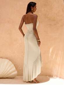 SHEIN Glamour Vestido corto de mujer de malla beige con escote de corpiño y volante en el bajo, vestido de fiesta de boda, vestido de cóctel de boda, vestido de verano con abertura, vestido elegante para fiestas, vestido maxi con volantes y escote corazón, vestido de fiesta, graduación, banquete, cumpleaños, celebración elegante y glamorosa para mujer, vestido suave y elástico para festivales y playa - Albaricoque - Ver 2