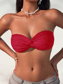 Swim Mod Atasan Bikini Bandeau Seksi Model Twist Warna Polos untuk Wanita di Pantai Musim Panas - Merah - View 3