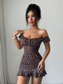 BamGleam Vestido de verano ajustado con volantes en el cuello, mangas cortas, lunares y volantes en el bajo - Marrón - Ver 6
