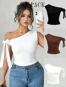 Elenzga 3pcs Women's Casual Solid Color Oblique Shoulder Comfortable T-Shirt Set - Multicolor - View 1