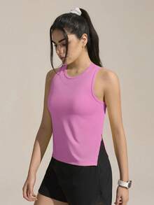Exploreva Women's New Outdoor Sports Sleeveless Neon Yellow-Green Split Hem Tank Top - Pink - View 5