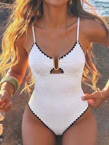 Swim Lushoire Traje de baño de una pieza ajustado, sexy, con escote en U, tirantes finos, textura especial, cuentas blancas y espalda hueca, para vacaciones de verano en la playa de las mujeres, 2026 nuevo - Blanco - Ver 6