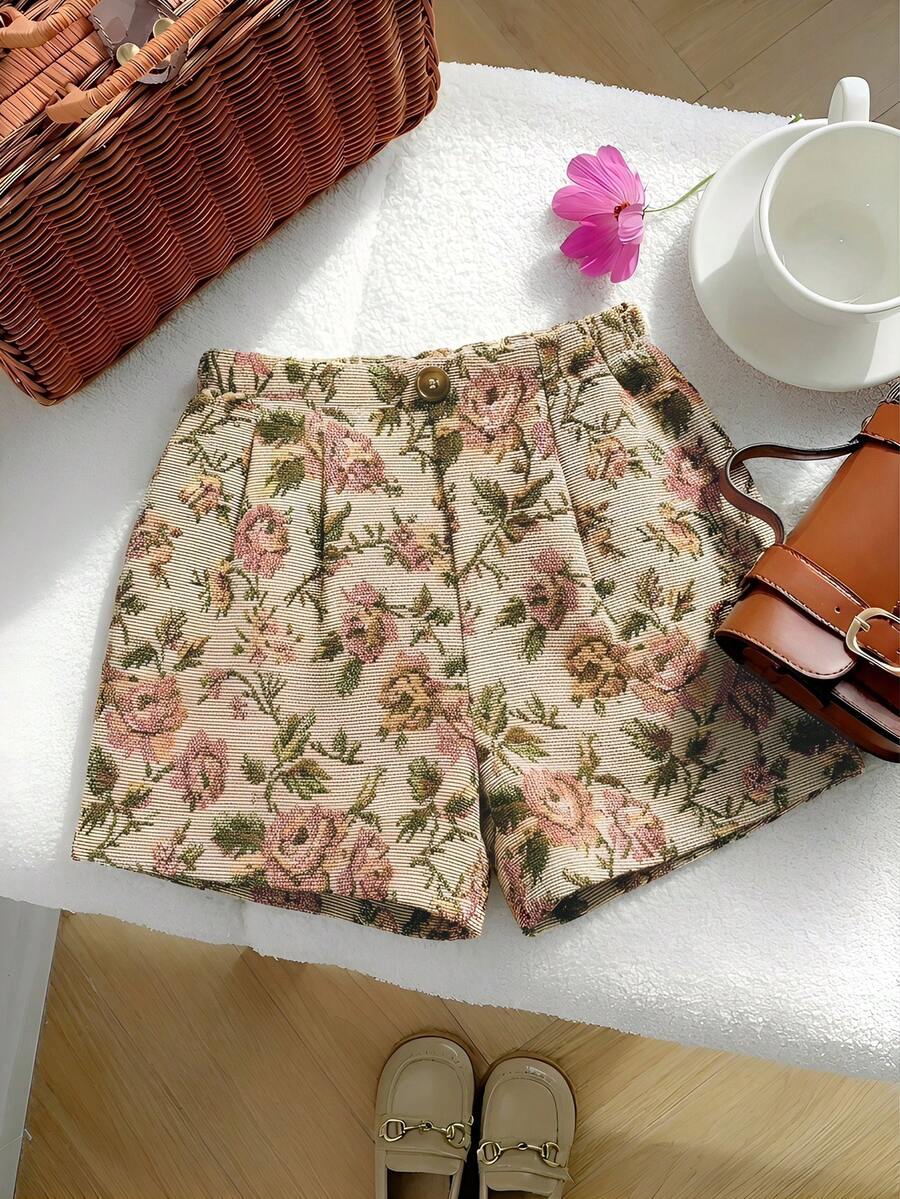 SHEIN Little Byeori 女童撞色编织休闲短裤 - 卡其色 - 查看 1