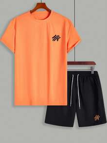 Manfinity Homme Setelan Kaos dan Celana Pendek Kasual Pria dengan Bordir Huruf, Musim Panas - MultiWarna - View 3