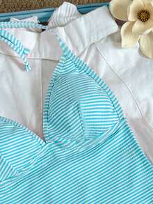 Swim Mod Bộ bikini hai mảnh thanh lịch, ngọt ngào dành cho nữ, thích hợp cho kỳ nghỉ, được trang trí bằng ngọc trai và vỏ sò, chất liệu mềm mại, không gọng. - Màu xanh lam - Xem 4