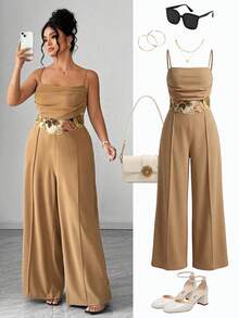 SHEIN Clasi 大码优雅通勤连体裤，收腰设计拉长身形，提花面料装饰，适合会议、外出等场合。 - 卡其色 - 查看 1