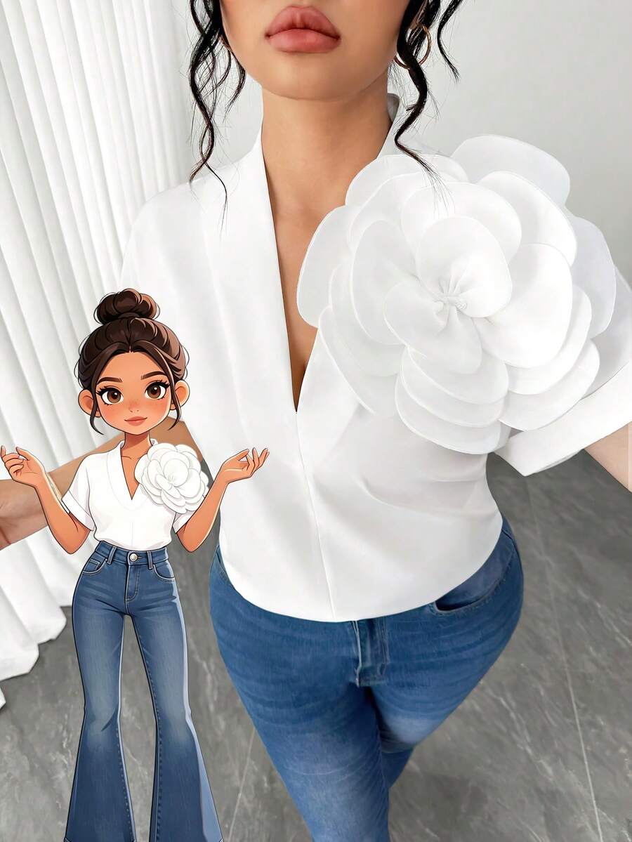 Elenzga Elegante Damen Bluse in Große Größen mit 3D-Blumenapplikation, tiefem V-Ausschnitt und ärmellos, weiß, sommerlich, für Party, lässig und Smart, für den täglichen Gebrauch - Beige - Übersicht 1