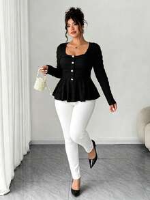 Elenzga Plus Size Women's New Casual, Commute, Travel Shirt For Spring, Summer, Autumn, Textured Fabric Asymmetric Hem Bell Sleeve Side Metal Decor Design - Black - View 7