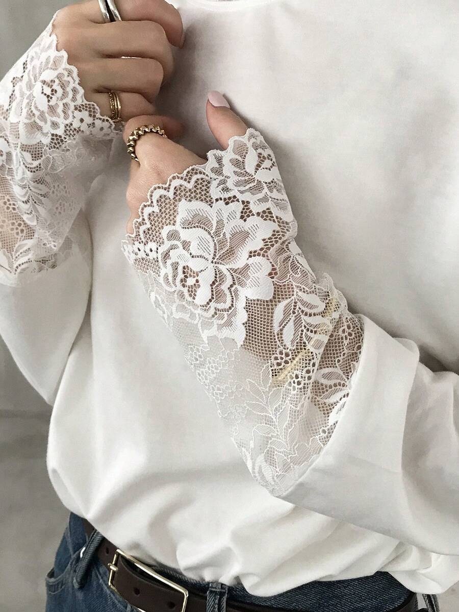 FRIFUL Solid Color Lace Patchwork Sheer Mesh Fabric Loose Casual Versatile T-Shirt - White - View 1