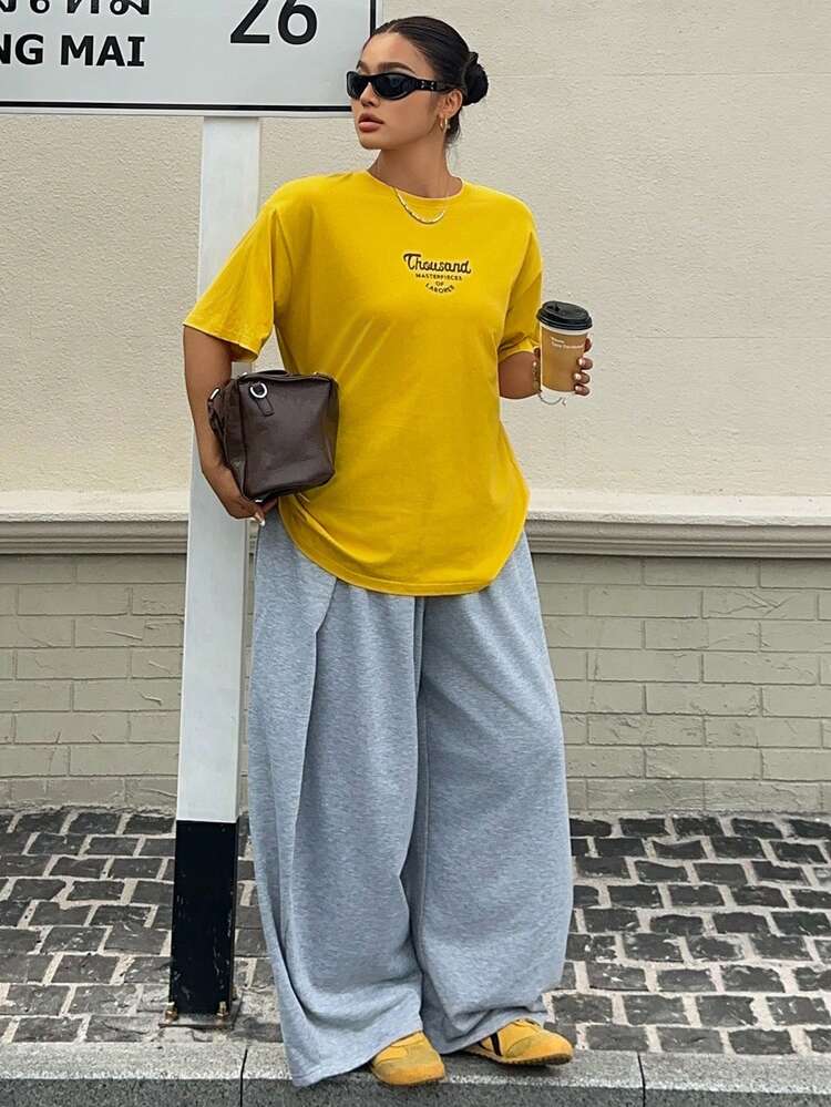 Dazy Plus Plus Size Letter Print Loose Fit Crew Neck Short Sleeve T-Shirt, Burgundy Oversized