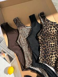 Comfortcana Plus Size Summer Retro Leopard Print Brown Tank Top 4-Piece Set, Plus Size Leopard Print Bodysuit Club - Multicolor - View 3