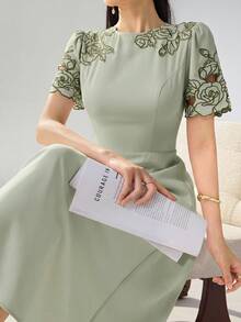 Heiryn Đầm dài ngang gối cổ tròn tay cánh hoa, eo thon dành cho nữ, thích hợp cho mùa hè. - màu xanh lá - Xem 7