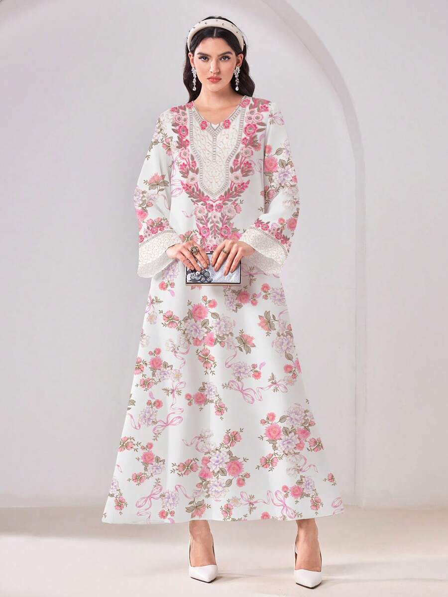 Al Najma Casual Modest Arabic Style Dress - Multicolor - View 1