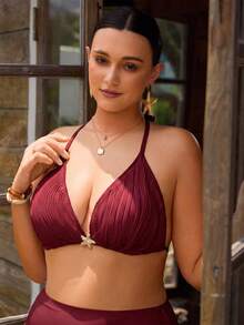 Swim Chiccia 大码女士纯色挂脖三三角比基尼上衣 - 酒紅色 - 查看 5