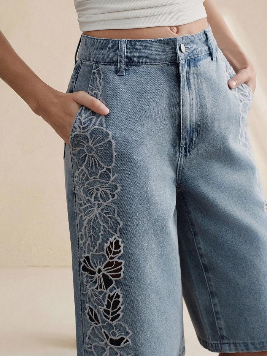 Anewsta Jeans rectos casuales azules de mujer para primavera/verano, de moda lujosa, sexy, con bordado floral hueco y romántico para fiestas y vacaciones - Azul - Ver 1