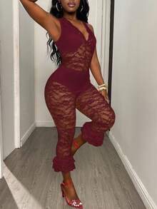 BamGleam Bộ jumpsuit nữ màu trơn cổ chữ V không tay, thời trang, gợi cảm, xuyên thấu. - Màu Đỏ Sâu - Xem 4