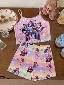 Sommar Cool Mode K-Pop Tjejgrupp Grafiskt Tryck Linne Och Shorts Stickat Tyg Mjukt Pyjamasset, Lämpligt För Hemma, Utflykter Och Mångsidigt Bruk - Multifärgad - Visa 5