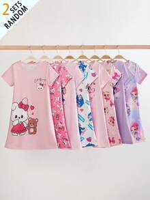 2pcs/Set Young Girl' Minimalist Cute Cartoon Sheep Print Short Sleeve Long Nightgown Pajama Set, Pink & Gray - Multicolor - View 1
