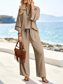 Breezaya Women's Color Block Top And Drawstring Waist Long Pants Casual Outfit - Khaki - View 4