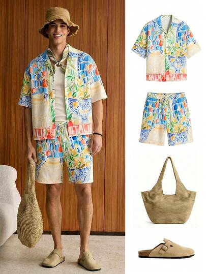 SWAVVY Men's Summer Digital Print Casual Short Sleeve Shorts Set