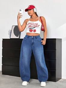 SHEIN ICON 大码女式口袋纽扣休闲百搭日常牛仔裤 - 藍色 - 查看 3