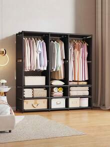 [1 Piece] Metal Multifunctional Coat Rack, 3 Rows Of Simple Hangers With Shoe Rack, Black/White Dustproof Wardrobe Storage Coat Rack Storage Cabinet, New Bedroom Floor-To-Floor Coat Rack, Stylish Simple Thick Steel Pipe Storage Rack - Multicolor - View 5