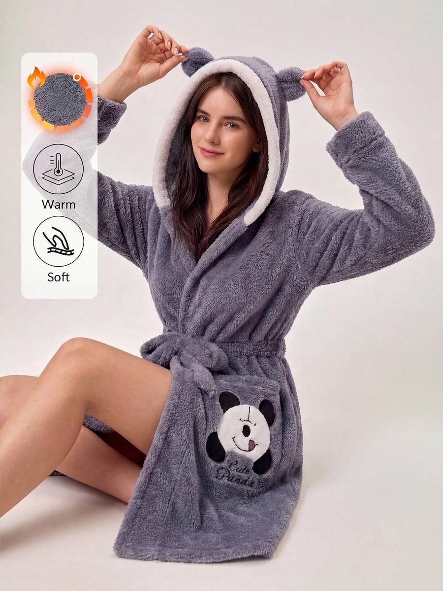 Loomlin Women Plush Panda Embroidery With Ear Hoodie Robe - Grey - View 1