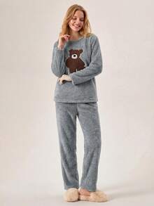 Loomlin 2 Stücke Plüschbär Stickerei Detail Homewear Pyjama Set - Grau - Übersicht 5