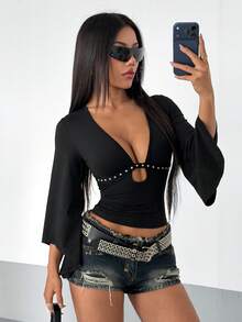 StreetHx Deep V-Neck Ribbon & Pearl Decor Flare Sleeve T-Shirt - Black - View 3
