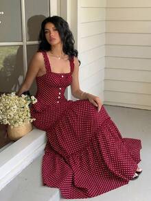 Sunnyshic 女士黑色波点喇叭连衣裙，休闲百搭时尚连衣裙，适合外出、约会、海滩度假、春秋季穿着。 - 紅色 - 查看 6