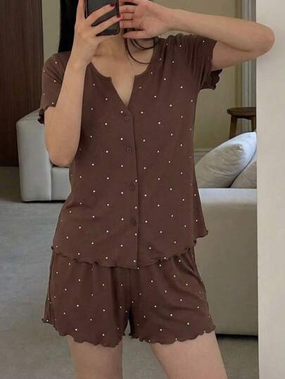 Livesso Bộ đồ ngủ 2 món họa tiết chấm bi gồm áo cardigan tay ngắn và quần short cho nữ, thích hợp cho mùa hè.