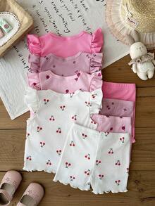 SHEIN Bộ 8 món/Bé gái 0-3 tuổi màu hồng mùa hè dễ thương gia đình đồng bộ màu trơn dệt kim gân không đối xứng tay ngắn áo vest tee và quần short - Nhiều màu - Xem 2