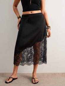 Freevana Plus Size Women's Lace Patchwork Asymmetric Design Black Skirt, Elegant Daily Wear, Spring & Summer Shell Trim, Asymmetrical Design, Satin, Midi Skirt, Music Festival Outfit; Pure Black Skirt, Elegant Style, Suitable For Everyday Wear. - Black - View 4