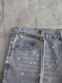 AXEPEAK Men's Casual Denim Shorts With Pockets & Rhinestone Decor - Blue - View 3