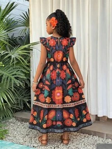 Sparklyn 女童印花花卉图案短袖收腰连衣裙 - 黑色 - 查看 2