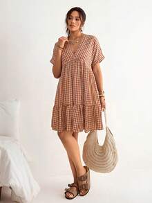 Freevana Plus Size Plaid Batwing Sleeve Ruffle Hem Loose Dress, Beach Dress, Bohemian Style For Vacation - Brown - View 7