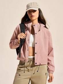 SHEIN In My Nature 女士落肩长袖前开襟纽扣宽松连帽休闲外套 - 藕粉色 - 查看 1