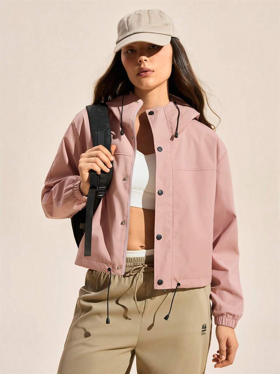 SHEIN In My Nature 女士落肩长袖前开襟纽扣宽松连帽休闲外套 - 藕粉色 - 查看 1