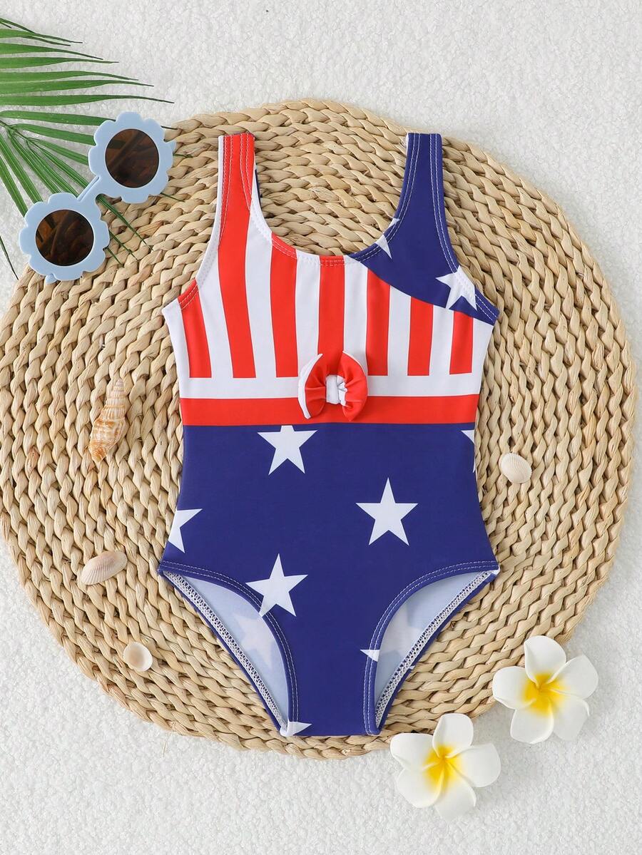 SHEIN Baju Renang Terusan Bayi Perempuan Bertema Hari Kemerdekaan Pantai, Cocok untuk Bermain di Kolam Renang, Baju Renang Terusan Musim Panas dengan Motif Acak - MultiWarna - View 1